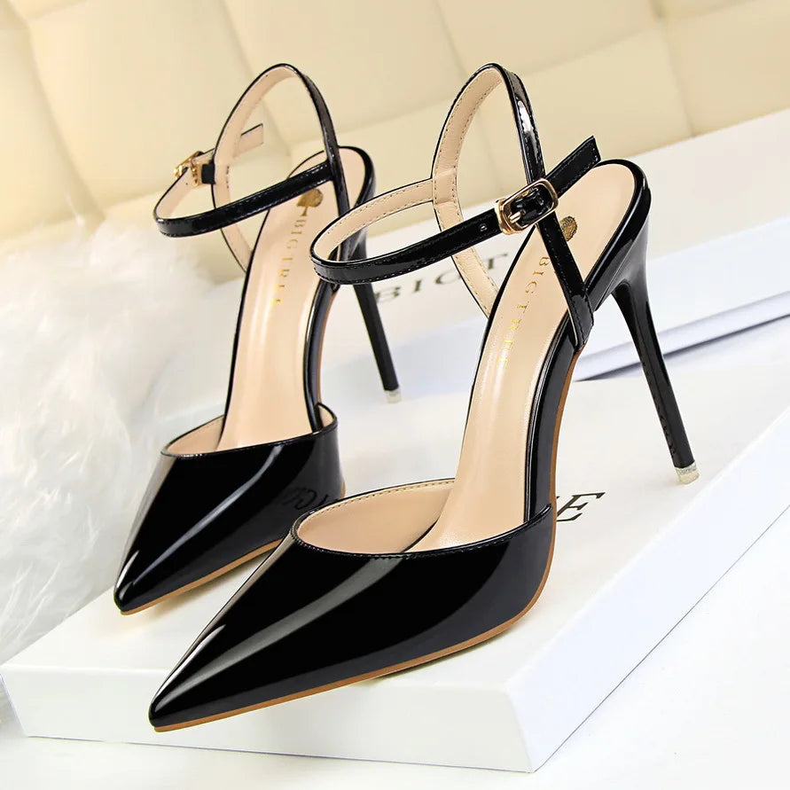 Women High Heels Sandals Metallic Gray Patent Leather Stripper Ankle Strap Wedding Nightclub Pointed Toe Party Valentine 86-1