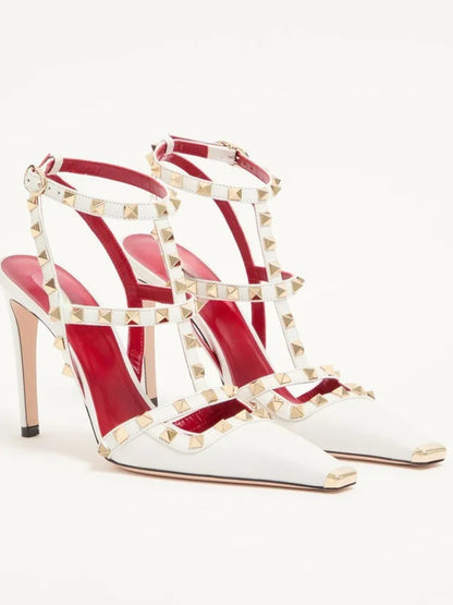 Summer Square Headed Rivet High-heeled Women's Sandals, Fashionable and Sexy Women's Party T-table Women's Plus Size Sandals