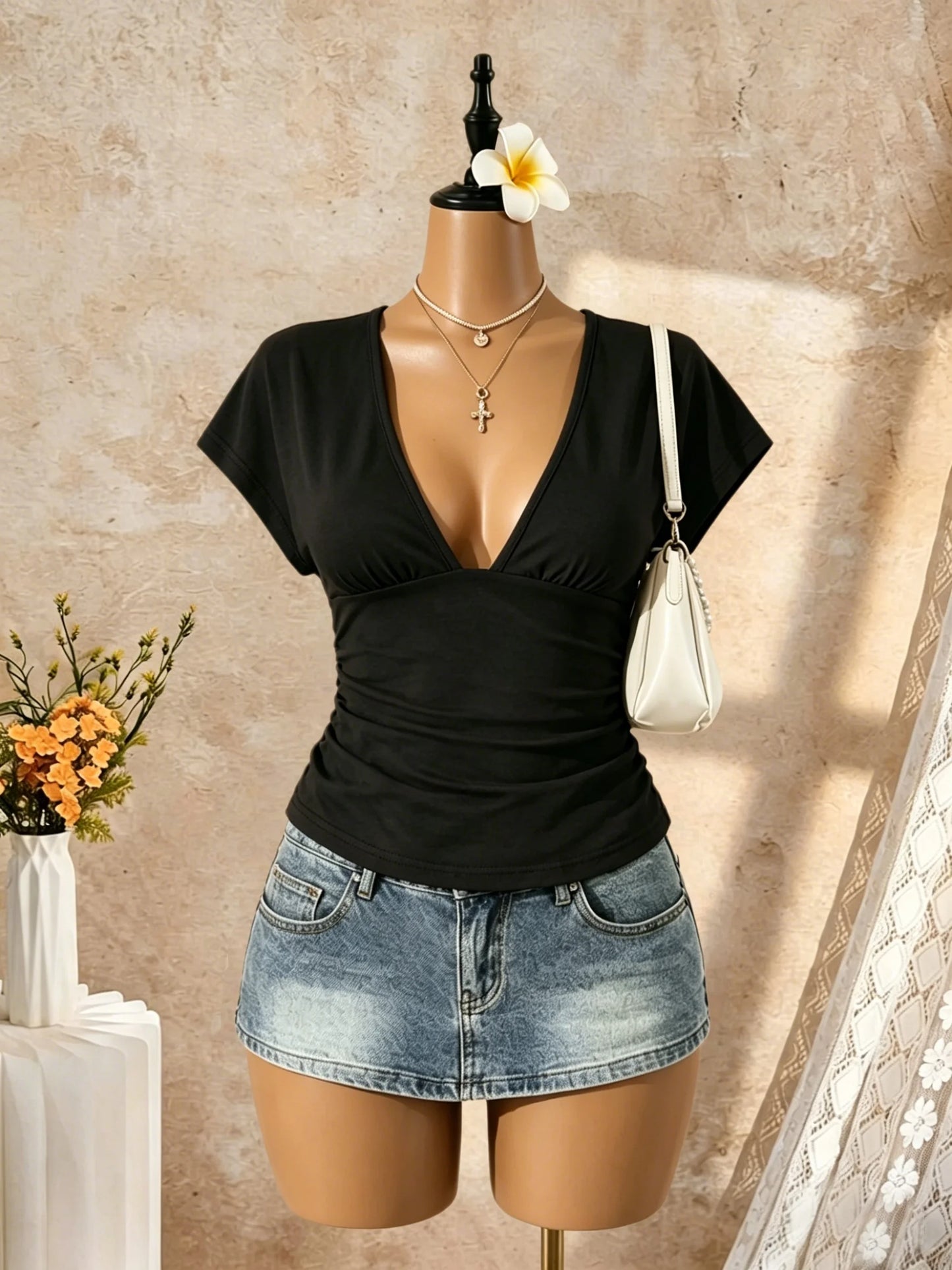 Women Short Sleeve Deep V Neck Side Ruched Wrap Crop T Shirt 2026 Summer Y2K Casual Streetwear Basic Solid Tees