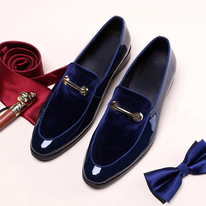 Mens Formal Navy Blue Velvet Patent Leather Loafers With Gold Horsebit Accent Flat Heel Comfortable Non Slip Breathable Business