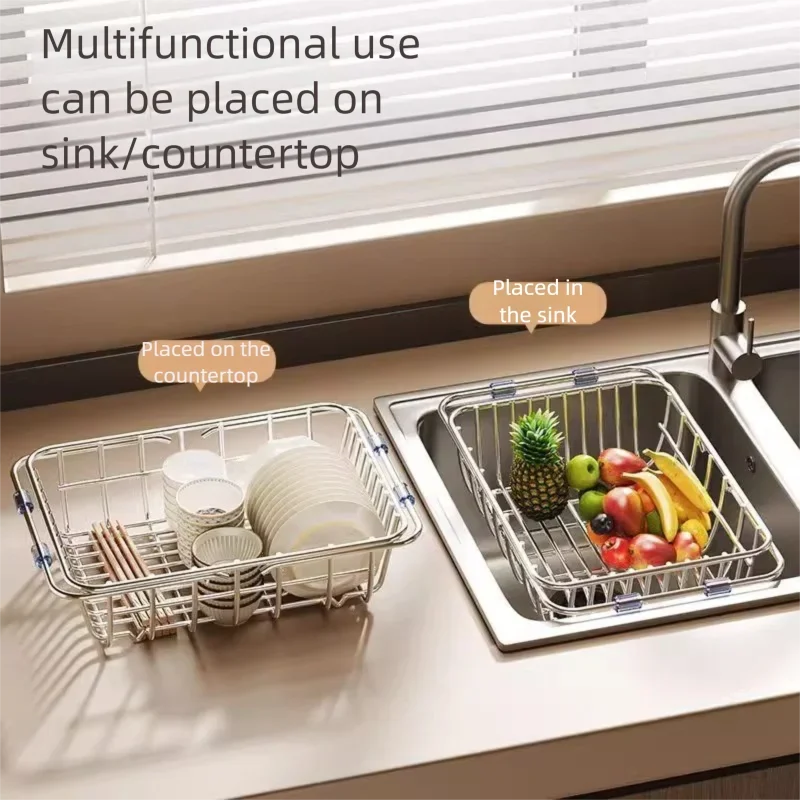 Telescopic Stainless Steel Sink Drain Basket Dishwashing Rack Kitchen Storage Organizer for Utensils and Dishes