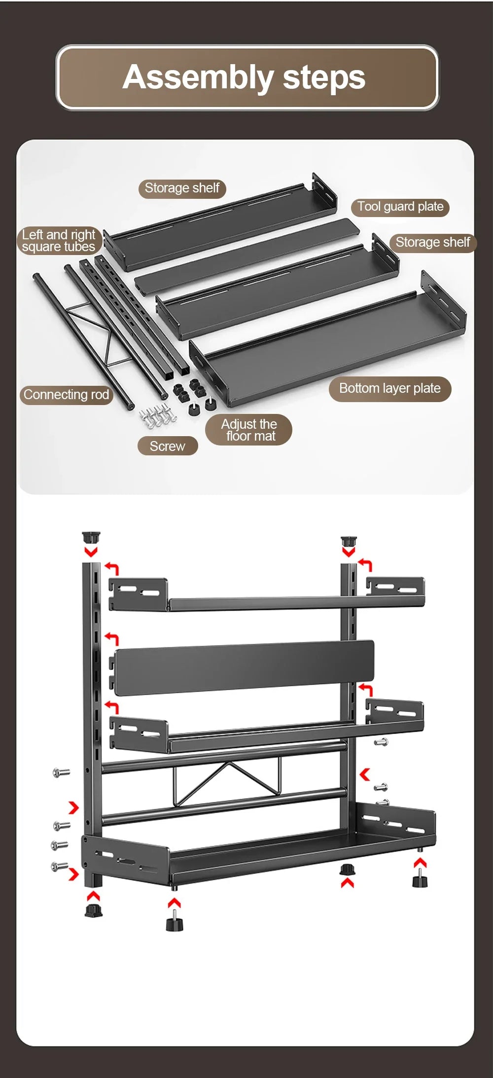 3 Tier Spice Storage Rack for Countertop Adjustable Spice Organization For Cabinet Kitchen Organizer Metal Shelf Black