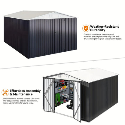 VIWAT 10x14FT Galvanized Steel Storage Shed, Reinforced Frame & Lockable Door, Garden Tool Shed for Backyard, Patio