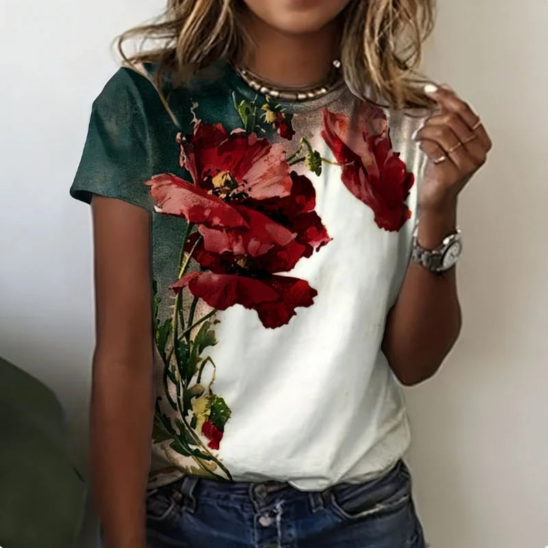 Lady T Shirts Crew Neck Short Sleeve Gradient Purple Flower Branch Print T Shirt Women's Outfits Casual Streetwear Cool Clothes