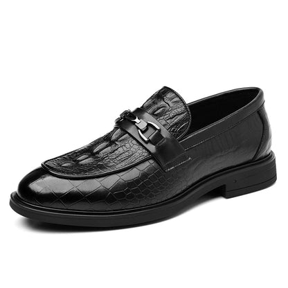 Mens Black Crocodile Embossed Leather Loafers With Metal Horsebit Buckle Thick Sole Formal Business Wedding Party Dress Shoes