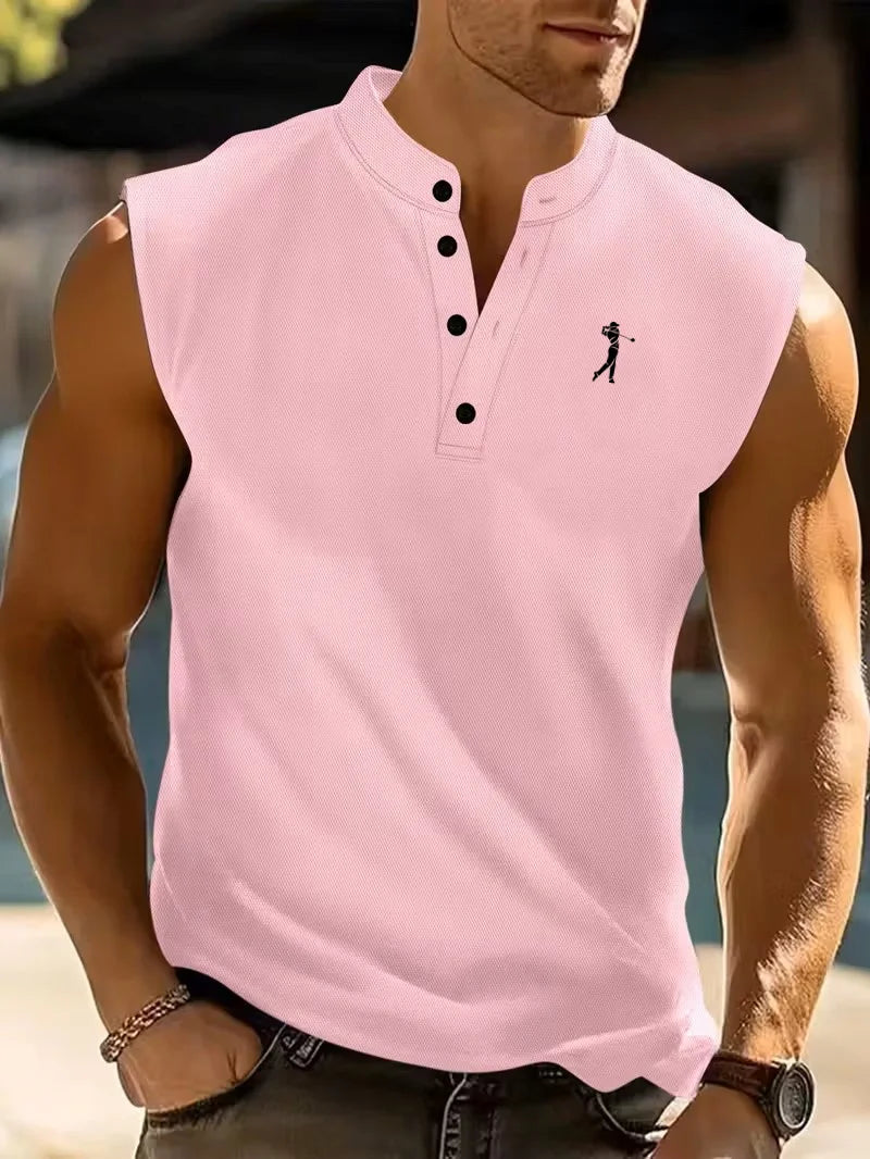 Summer Men's Casual Sleeveless Polo Shirt Golf Embroidery Stand Collar Button Tank Top for Sports