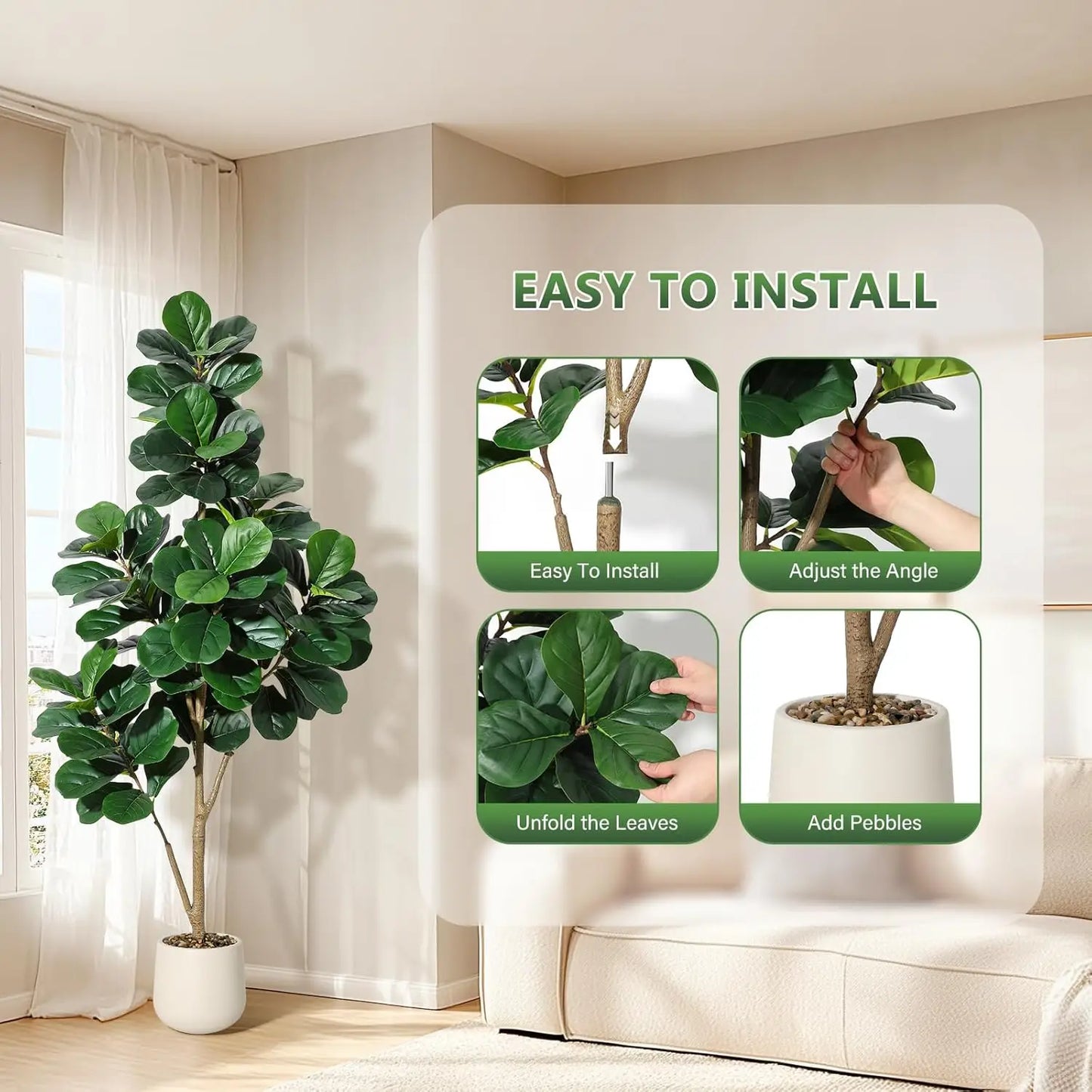 4-7 FT Fiddle Leaf Fig Tree Artificial Realistic Faux Ficus Lyrata Trees in White Planter Pot, Fake Floor Plants for Home Garden