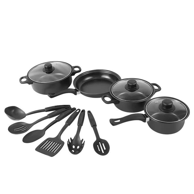 12Pcs Non Stick Cookware Set Milk Pot Maifan Stone Frying Pan with Lid Cooking Pot Set Stackable Pot Set for All Hob