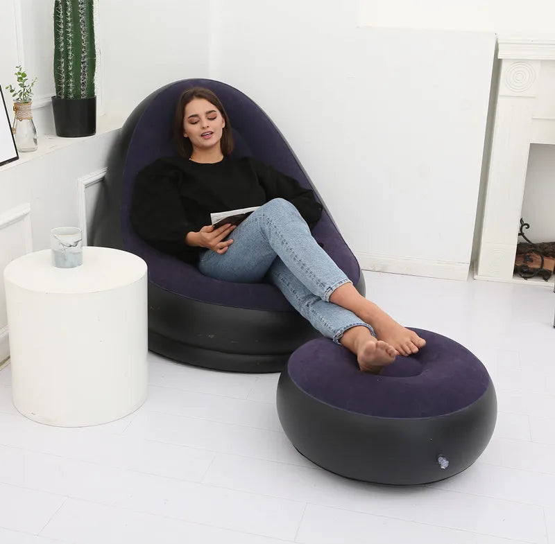 OTAUTAU Inflatable Lounger with Footstool Ottoman Chaise Lounge Recliner Outdoor Portable Camping Couch Garden Chair Pouf SF029