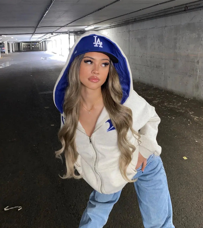 Embroidered Letter Zip-Up Hoodie