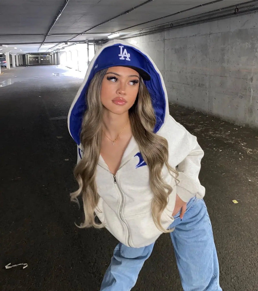 Embroidered Letter Zip-Up Hoodie