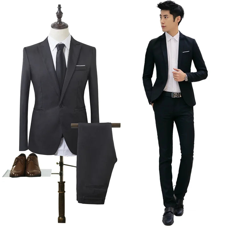 Spring Autumn New Fashion Men's Casual Trendy Slim 2 Pieces of Sets Suit Sets Solid Color Single-button Suit Blazers Pants Male