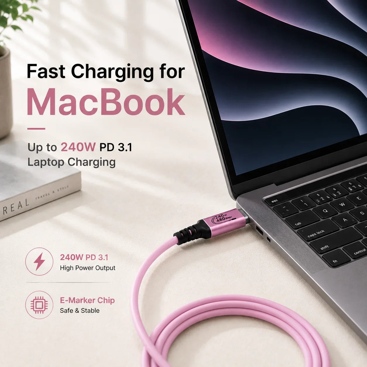 USB-C to USB-C Cable 240W PD 3.1 Fast Charging, Pink TPE Cord for MacBook, iPhone 15/16/17, iPad Pro, Galaxy S24