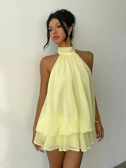 2026 Women's Elegant Halter Neck Sleeveless Ruffled Layered Chiffon Mini Dress Casual Summer Party Dress for Beach Vacation Y2K