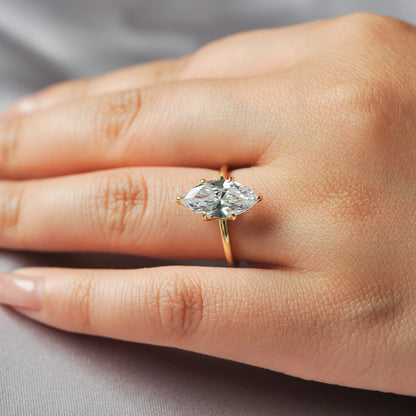 Potiy Vintage 9ct 5A Marquise Shape Cubic Zirconia Solitaire Engagement Ring For Women 925 Sterling Silver 14K Yellow Gold