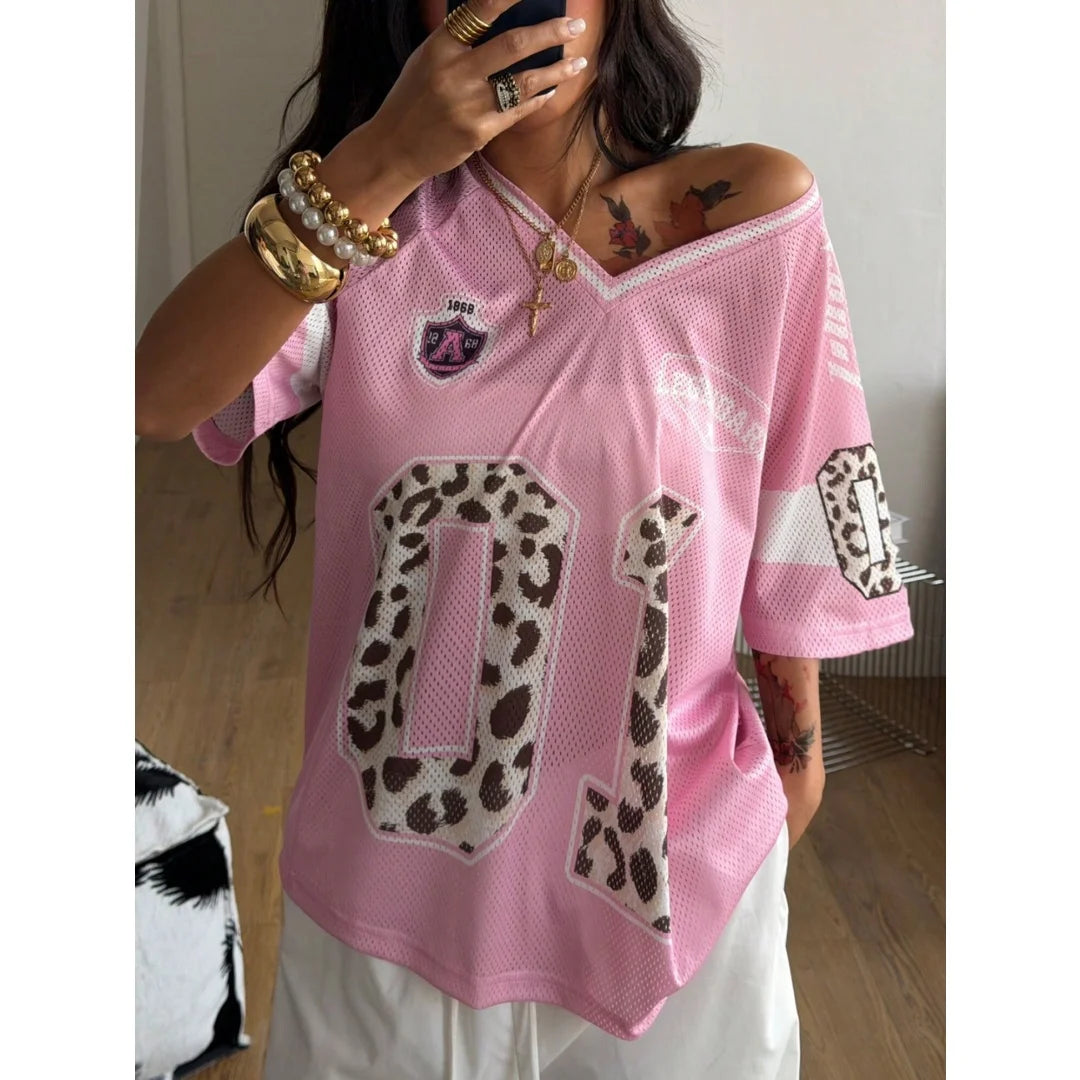 Women's Summer Going Out Streetwear Y2K Leopard Print Number Graphic Jersey Short Sleeve V Neck T Shirt Sporty Casual Tops