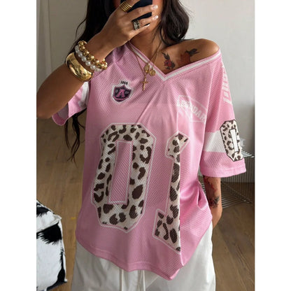 Women's Summer Going Out Streetwear Y2K Leopard Print Number Graphic Jersey Short Sleeve V Neck T Shirt Sporty Casual Tops