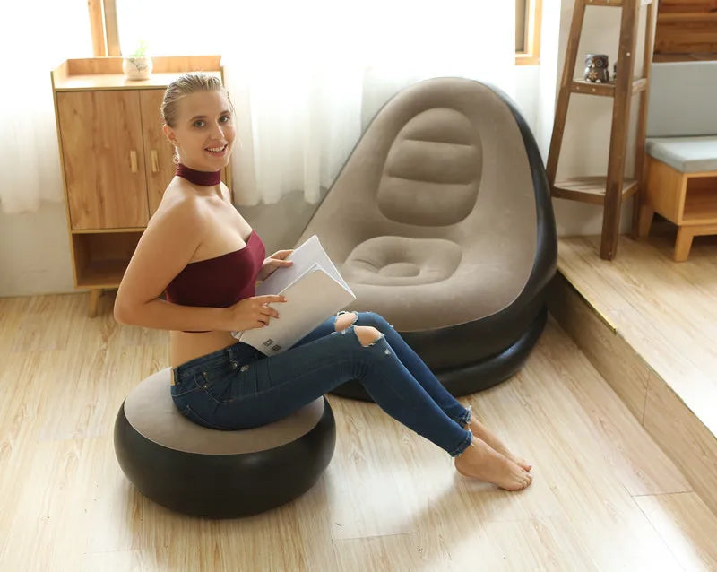OTAUTAU Inflatable Lounger with Footstool Ottoman Chaise Lounge Recliner Outdoor Portable Camping Couch Garden Chair Pouf SF029