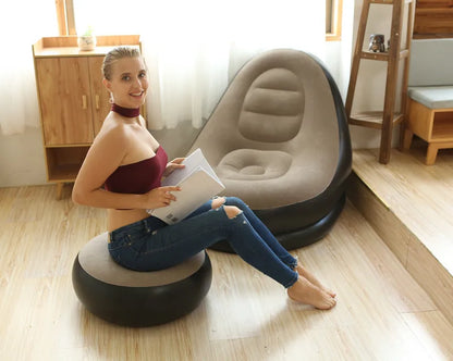 OTAUTAU Inflatable Lounger with Footstool Ottoman Chaise Lounge Recliner Outdoor Portable Camping Couch Garden Chair Pouf SF029