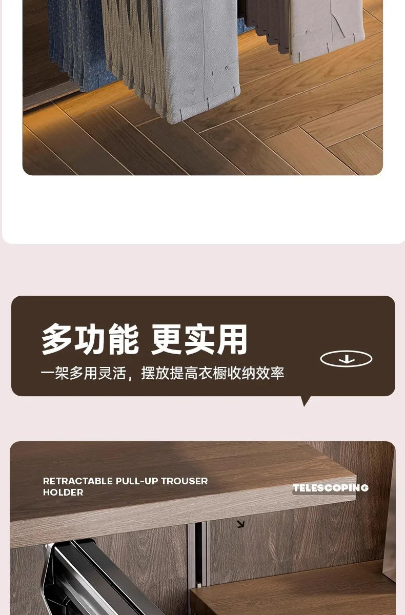 Multifunctional Wardrobe Trouser Hanger with Built-In Telescopic Pants Storage Pull-Out Clothes Rail Shelf Wardrobe Organizer