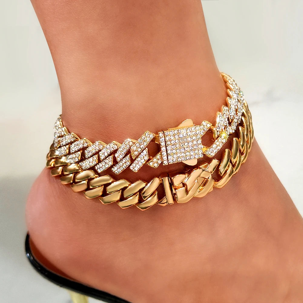 Bling Golden Cuban Chain Anklet For Women Girls HipHop Iced Out full Rhinestone Paved Cuban Summer Beach Anklet Bracelet Jewelry