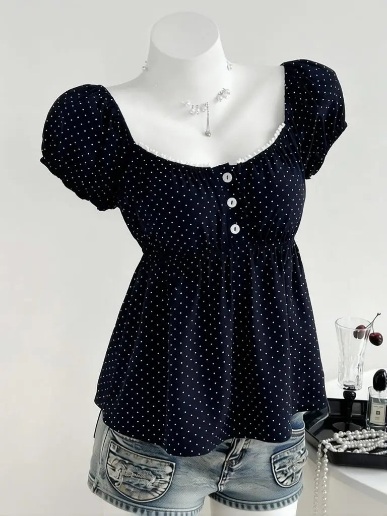 Polka Dot Babydoll Top Women Summer Sweet Korean Puff Short Sleeve Chiffon Blouse Square Neck Summer Vintage Youthful T-shirt