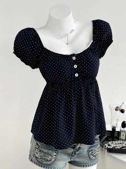 Polka Dot Babydoll Top Women Summer Sweet Korean Puff Short Sleeve Chiffon Blouse Square Neck Summer Vintage Youthful T-shirt