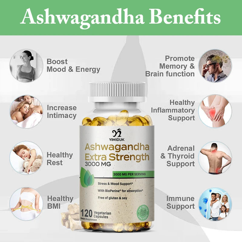 Organic Ashwagandha Root Extract Capsule, Ashwagandha Supplement Help Stress, Focus, Brain, Energy Support Sleep Health
