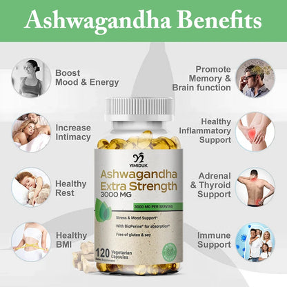 Organic Ashwagandha Root Extract Capsule, Ashwagandha Supplement Help Stress, Focus, Brain, Energy Support Sleep Health