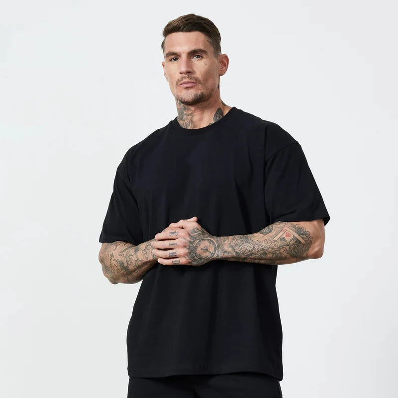 Oversized T-shirt Mens Cotton Dropped Shoulder Loose Short Sleeve Fitness T Shirt Summer Gym Bodybuilding Sports Tops Tees