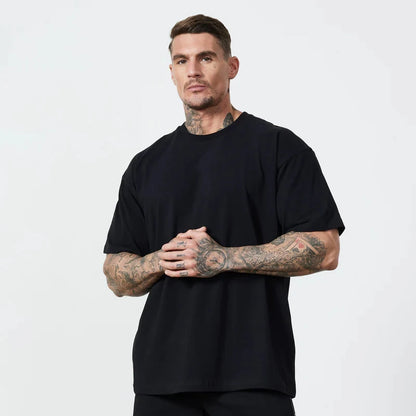 Oversized T-shirt Mens Cotton Dropped Shoulder Loose Short Sleeve Fitness T Shirt Summer Gym Bodybuilding Sports Tops Tees