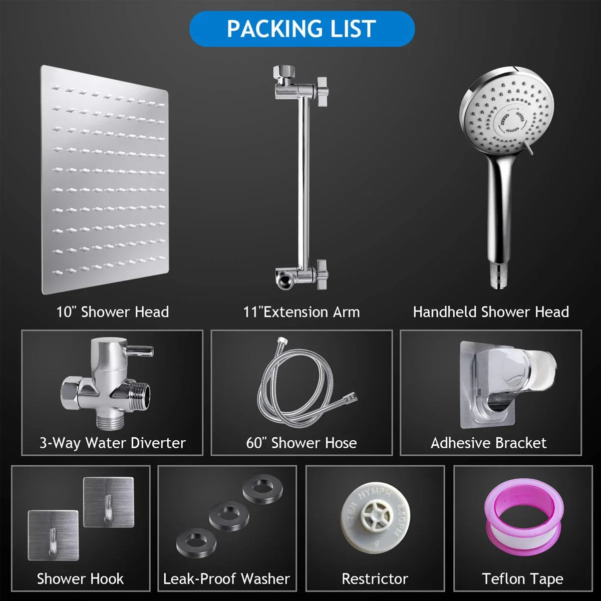 Stainless Steel 8/10 Inch Overhead Showerhead 5 Modes With Extension Arm Multi-function Hand Shower Wall Mounted Showerhead Set