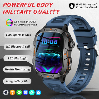 2025 New Military Grade Smart Watch Men 1.96" AMOLED Screen 5ATM Waterproof Simming Sports Fitness Tracker BT Call Smartwatches