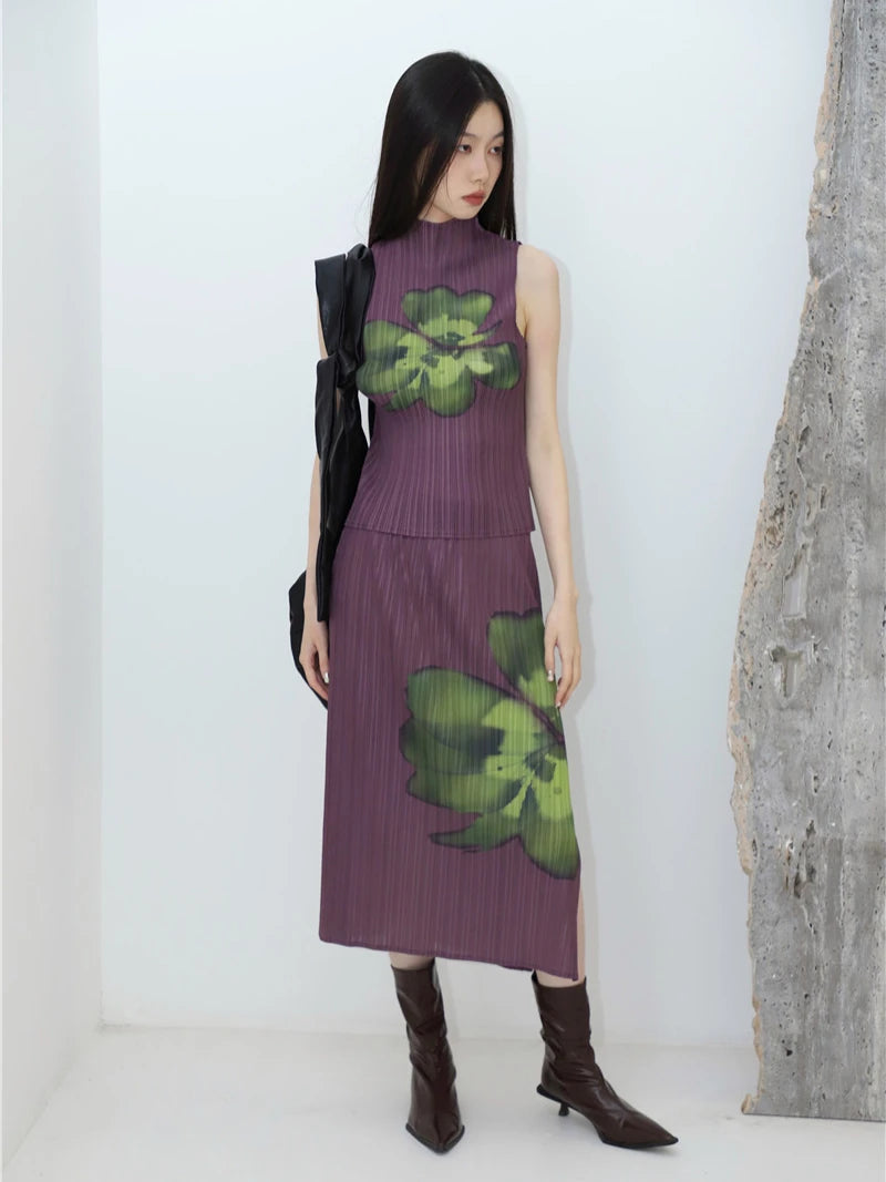 CHEERART Pleated Floral Summer Outfits For Women 2023 Purple Long Skirt And Sleeveless Top 2 Piece Set Fashion Designer Clothes