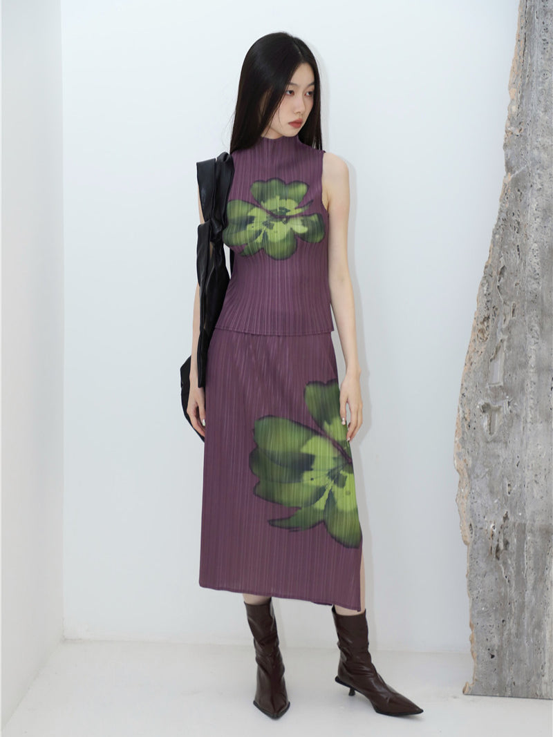 CHEERART Pleated Floral Summer Outfits For Women 2023 Purple Long Skirt And Sleeveless Top 2 Piece Set Fashion Designer Clothes