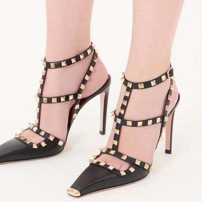 Summer Square Headed Rivet High-heeled Women's Sandals, Fashionable and Sexy Women's Party T-table Women's Plus Size Sandals