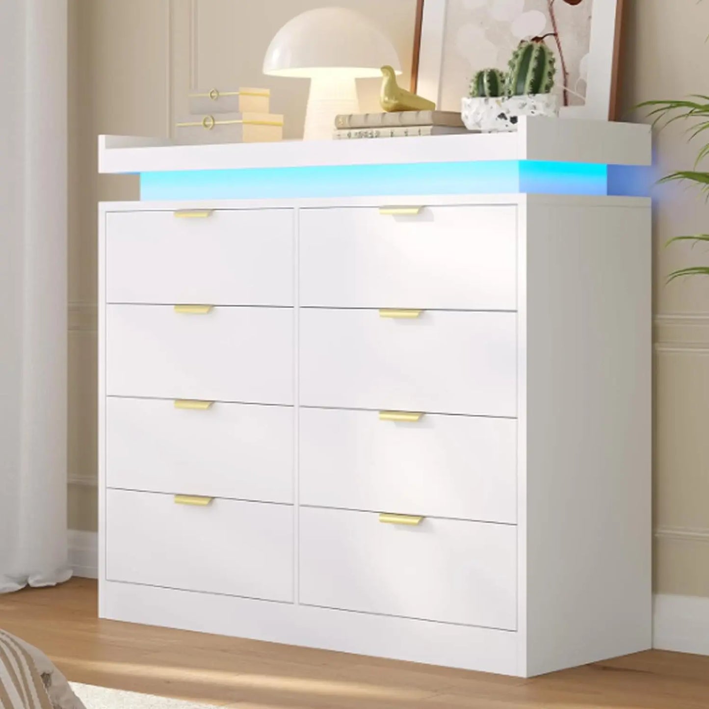 Modern Large Wooden 8 Drawer Bedroom Dresser, Storage Chest Integrated with LED Lights and Convenient Power Outlet, Customized
