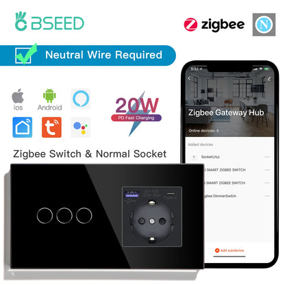 Bseed 1/2/3Gang 2Way Zigbee Light Switch Wall Touch Switch USB Type-C Fast Charge Port 20W Tuya Smart Life Google Home Control
