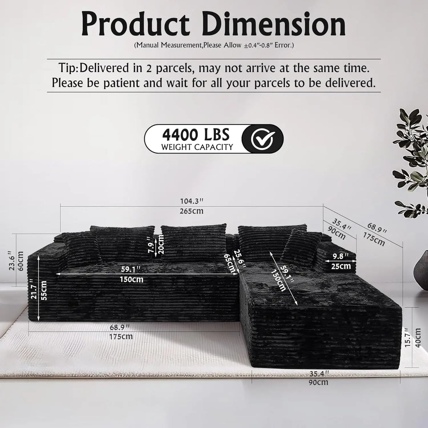 104" L-Shape Corduroy Sectional Sofa Deep Seat Chaise Living Room No Assembly Required, Custom