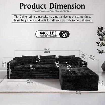 104" L-Shape Corduroy Sectional Sofa Deep Seat Chaise Living Room No Assembly Required, Custom