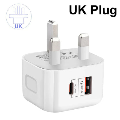 1Pcs 20W Dual Ports Wall Charger Type-C USB C PD Phone Fast Charger Super Quick Charging Power Adapters EU/US/UK Plug For iPhone