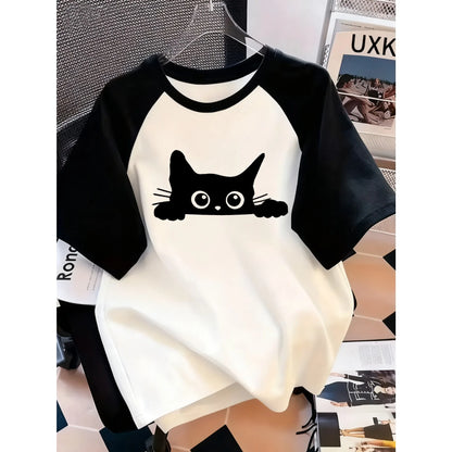 Kawaii T Shirt  Retro Black Cat Letter Print Crew Neck T-Shirt Casual Short Sleeve Top for Spring Summer Women's Clothing