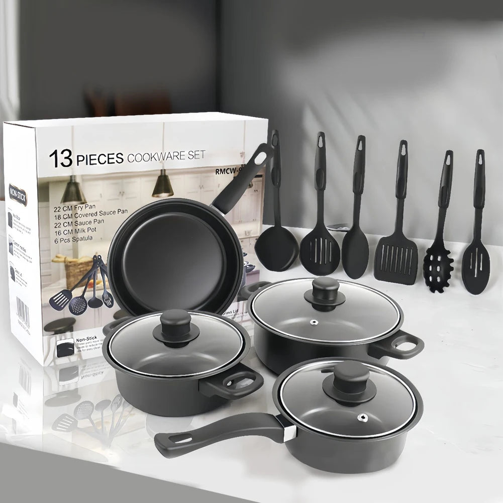 12Pcs Non Stick Cookware Set Milk Pot Maifan Stone Frying Pan with Lid Cooking Pot Set Stackable Pot Set for All Hob