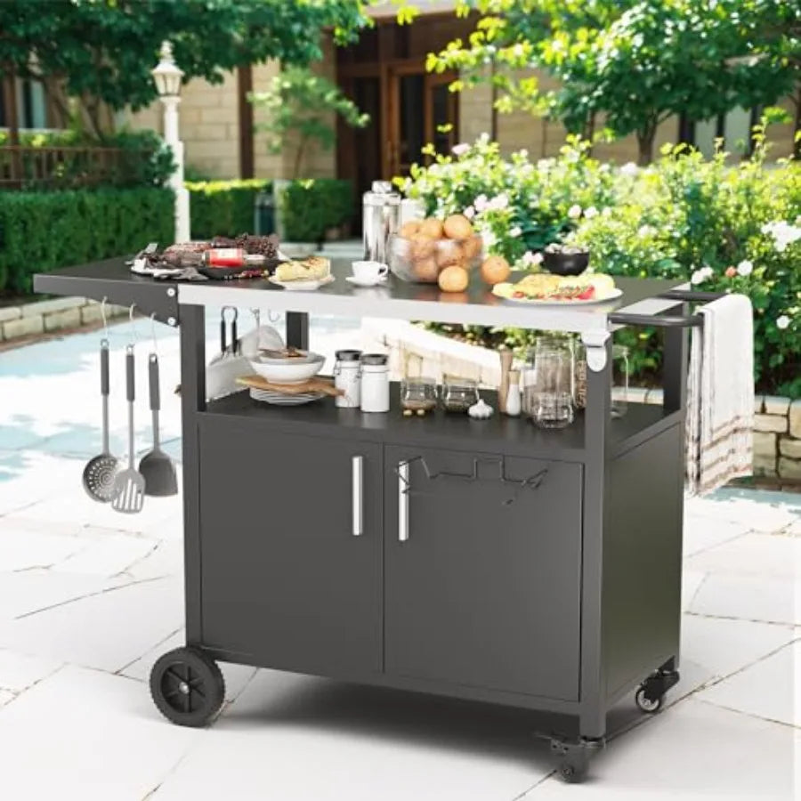 Outdoor grill cart for patio kitchen island use, black steel with foldable tabletop and storage cabinet, movable on wheels for