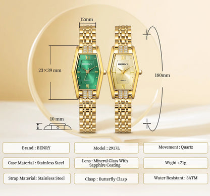 BERNY Gold Watches for Women Elegant Dainty Hexagon Ladies Quartz Wrist Watches Stainless Steel Band Fashion Luxury Bracelet