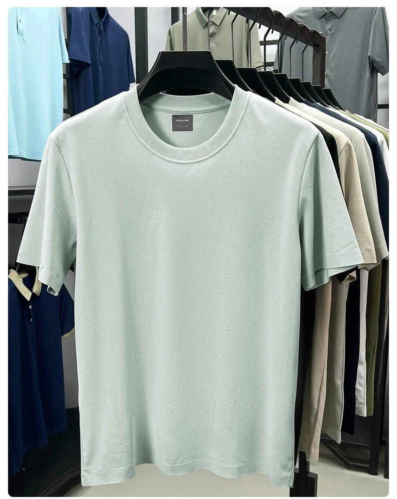 High quality luxury short sleeve T-shirt summer breathable cool silk cotton fashion solid color round neck top casual men's wear