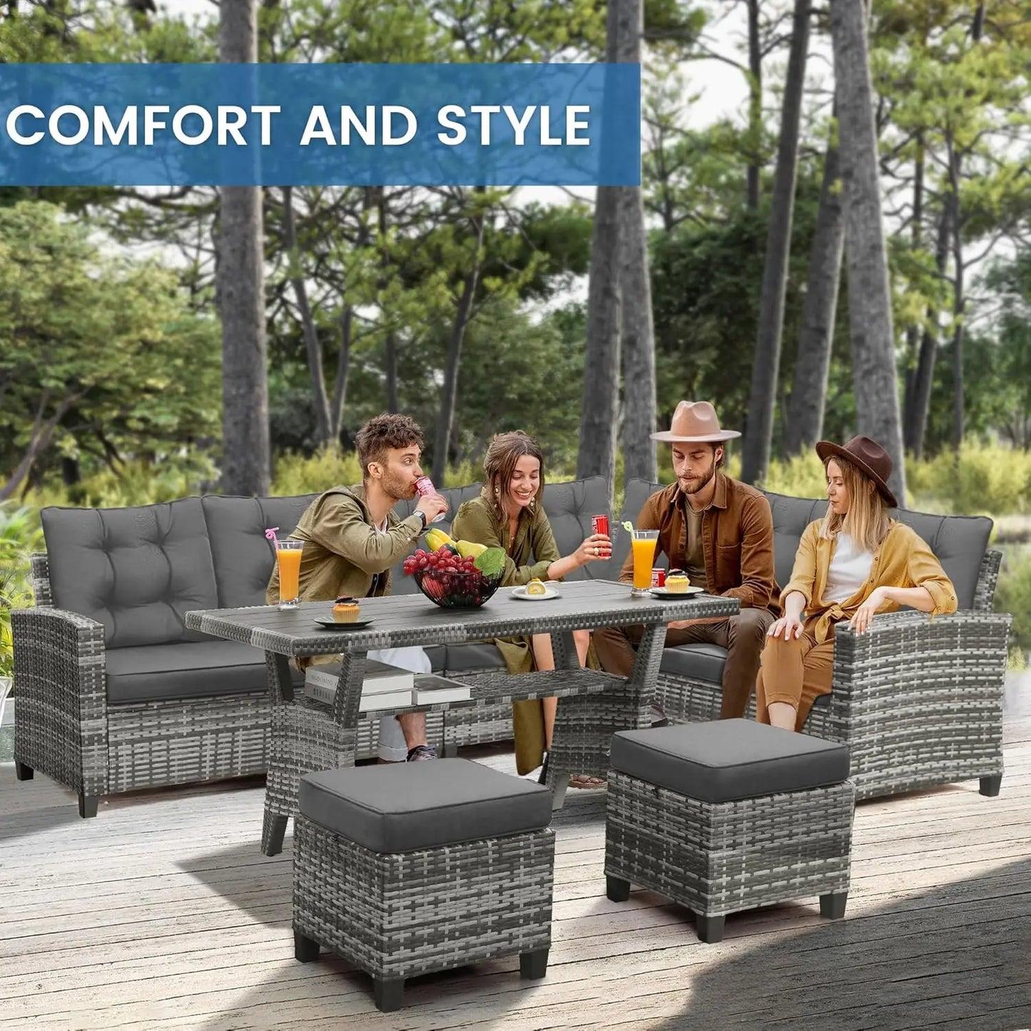 6-Piece Patio Sectional Sofa Dining Set All-Weather Removable Cushion Covers Garden Porch Backyard, Custom