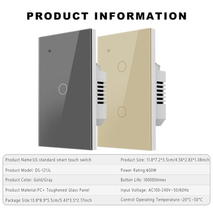Smart WiFi Switch Single Neutral Wire Universal Touch Control Tuya APP Alexa Google Home Compatible Gold Gray