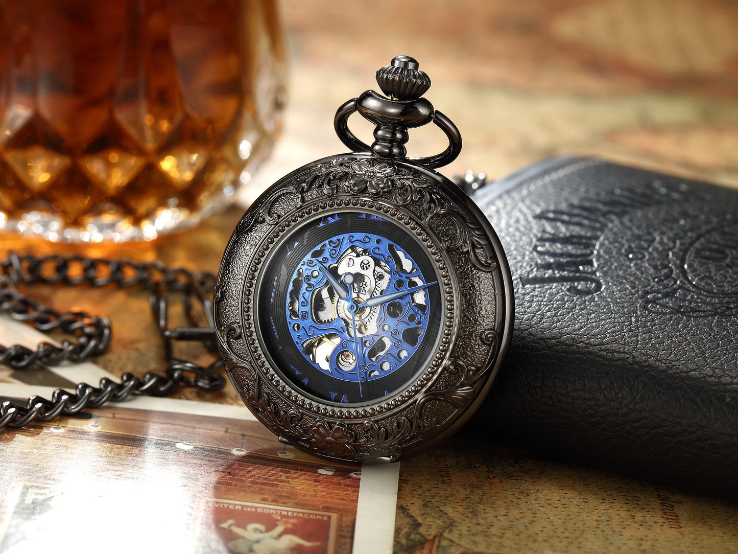 Vintage Skeleton Mechanical Pocket Watch Engraved Floral Design Hand Wind Fob Watch With Chain For Men Women Luxury Antique Gift