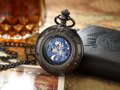 Vintage Skeleton Mechanical Pocket Watch Engraved Floral Design Hand Wind Fob Watch With Chain For Men Women Luxury Antique Gift